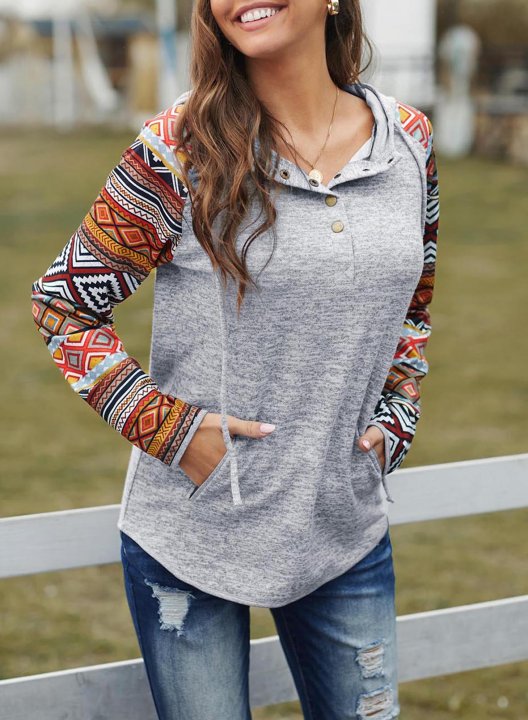 Tribal Color Block Pullover Sweatshirt Tops with Pockets