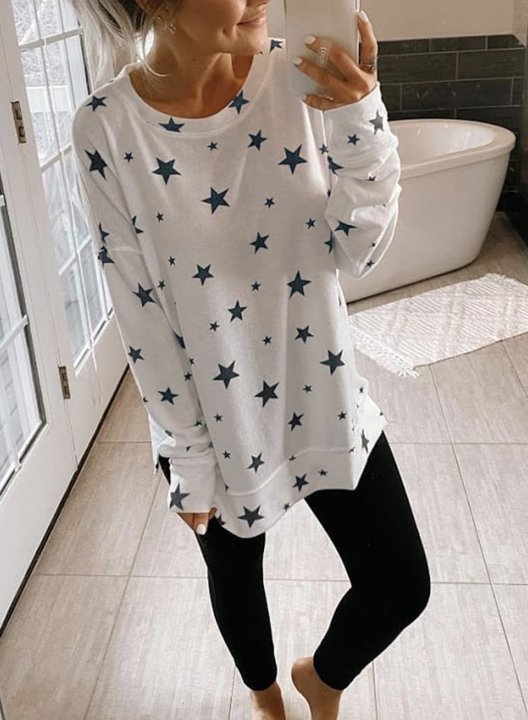 Women Star Print Long Sleeve Round Neck Tunics