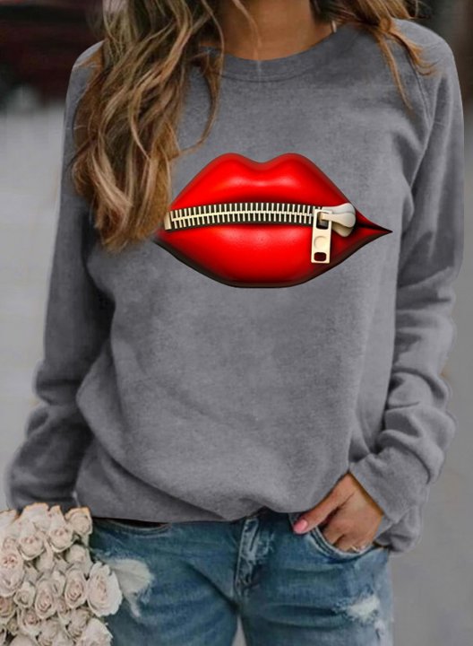 Lips Print Round Neck Long Sleeve Casual Sweatshirt