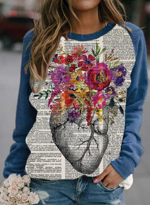 Women's Sweatshirt Color Block Floral Letter Round Neck Long Sleeve Casual Daily Pullovers