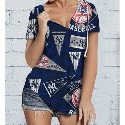 New York Yankees Team Women's V-neck Short Sleeve Hoodie