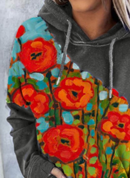 Women's Hoodies Drawstring Multicolor Floral Oil Painting Long Sleeve Pocket Casual Hoodies