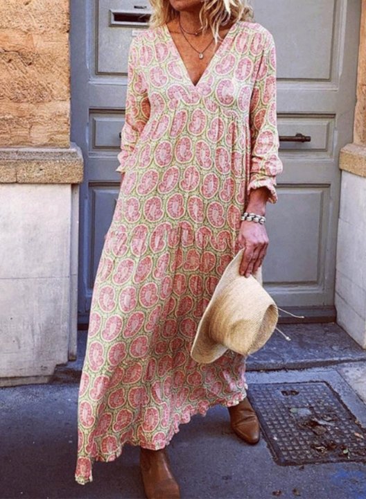 Women's Maxi Dresses Floral Long Sleeve V Neck Casual Boho Maxi Dress