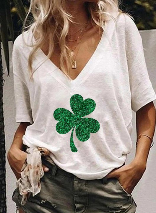 Women's St Patrick's Day Shamrock T-shirts Summer Solid V Neck Short Sleeve Daily White T-shirts