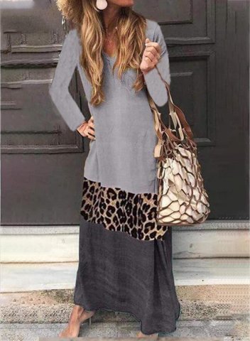 Women's Long Sleeve Long Casual Dress Color Block Leopard A-line V Neck Daily Casual Spring Maxi Dress