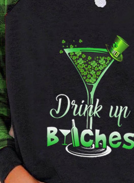 Women's Funny St Patrick's Day Sweatshirts Plaid Drink up Bitches Print Long Sleeve Round Neck Sweatshirt