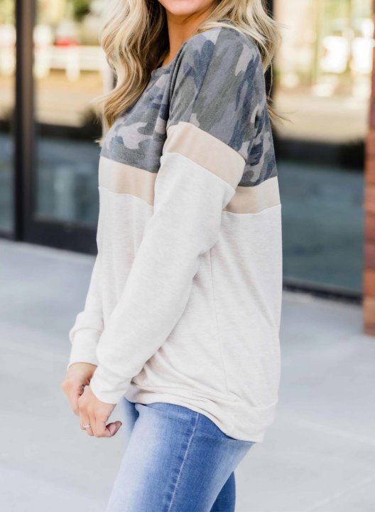 Camouflage/Color Block Long Sleeve Round Neck Basic Sweatshirt