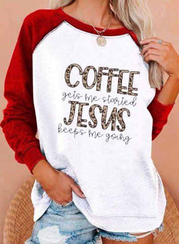 Women's Coffee Gets Me Started Jesus Keeps Me Going Sweatshirt Casual Letter Leopard Color Block Round Neck Long Sleeve T-shirts