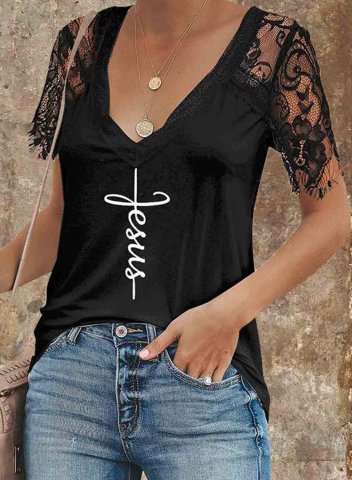 Women's T-shirts Lace Letter Print Short Sleeve V Neck Daily T-shirt