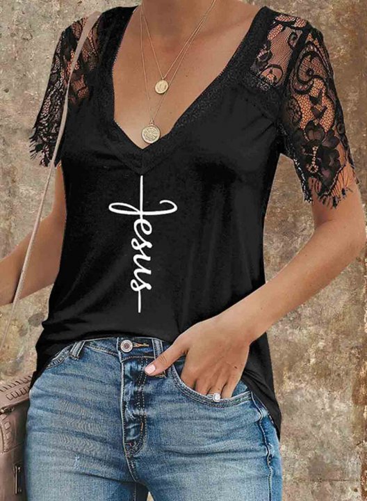 Women's T-shirts Lace Letter Print Short Sleeve V Neck Daily T-shirt