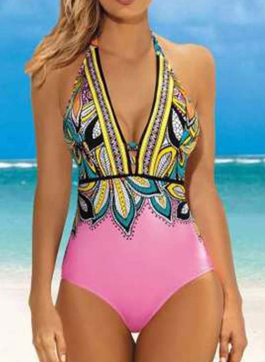 Women's One Piece Swimwear Floral V Neck Vacation Boho One-Piece Swimsuits One-Piece Bathing Suits