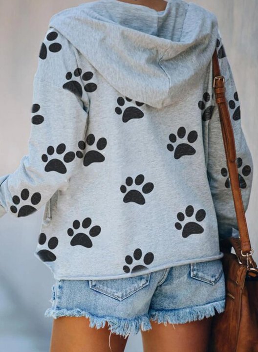 Long Sleeve Daily Cute Cat Paw Print Hooded Sweatshirt