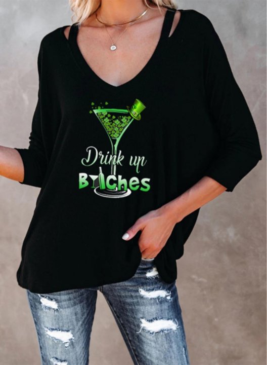 Women's Funny St Patrick's Day Sweatshirt Drink up Bitches Letter Long Sleeve V Neck Casual Cut-out T-Shirt