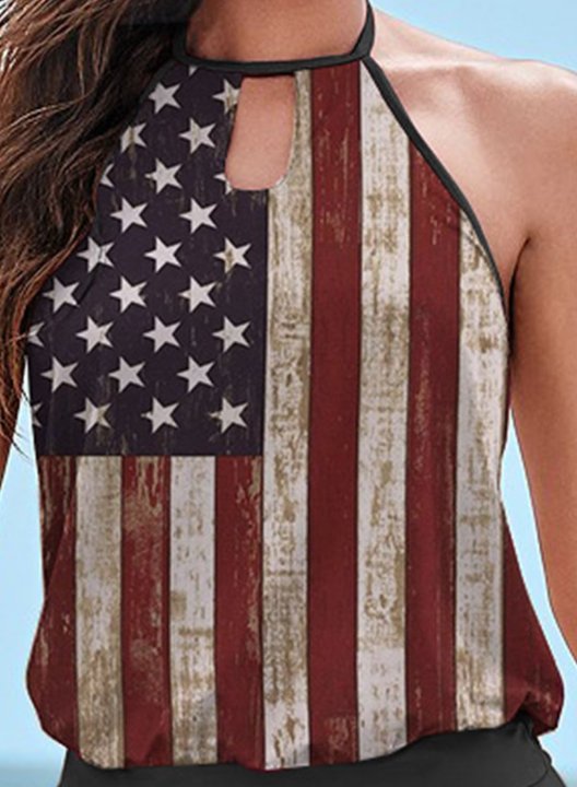 Women's Tankinis Mid Waist American Flag Padded Cut Out Round Neck Vacation Tankini Set