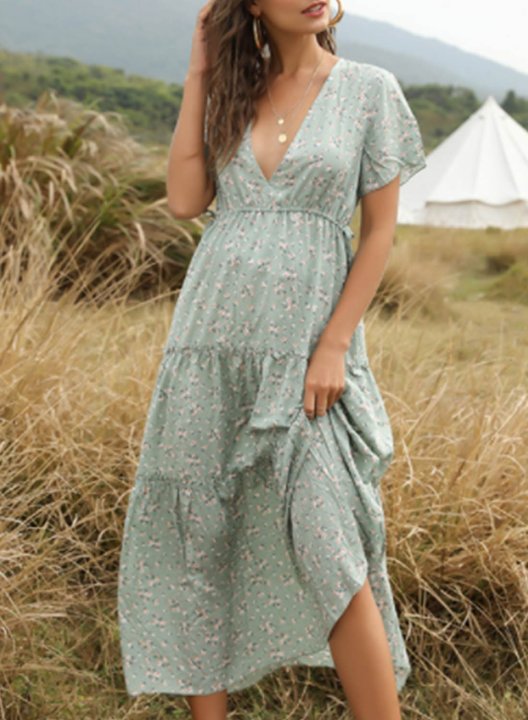 Women's Maxi Dresses Floral Short Sleeve V Neck Vintage Daily Maxi Dress