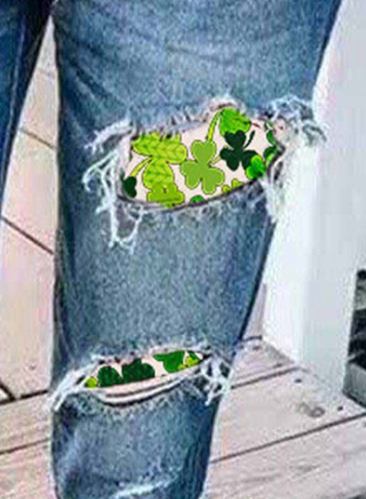 Women's Jeans Slim St Patrick's Day Shamrock Print Color Block Mid Waist Daily Casual Cut-out Jeans