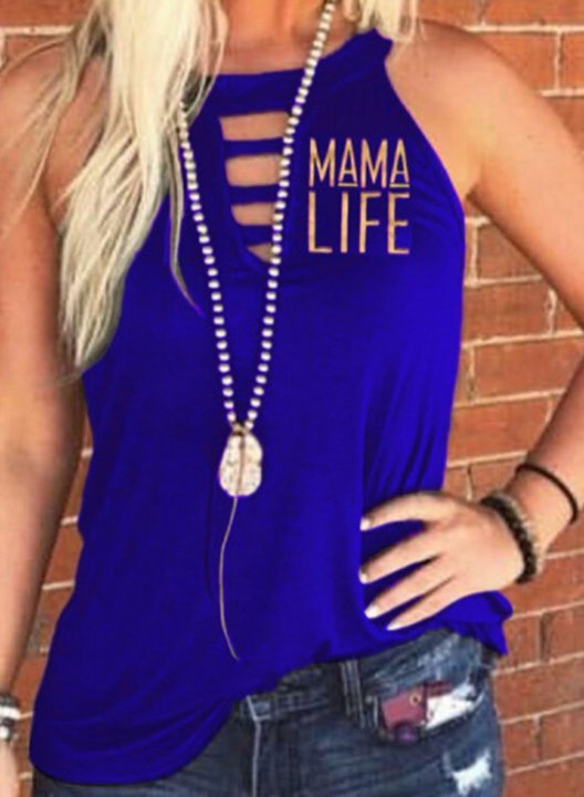 Women's Mama Life Letter Print Tank Tops Sleeveless Round Neck Casual Cut-out T-Shirt Tank