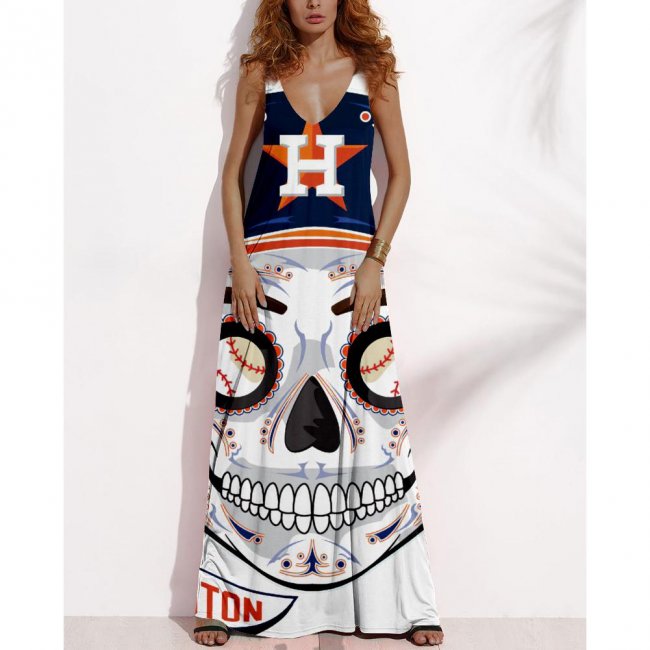 Women's Summer HOUSTON ASTROS Fan Print V-neck Sleeveless Loose Long A-line Dress