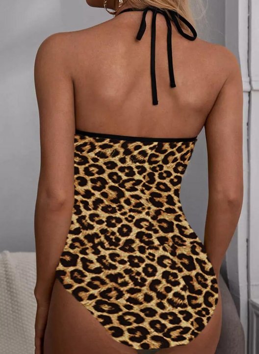 Women's One Piece Swimwear Leopard Mesh Round Neck One-Piece Swimsuit