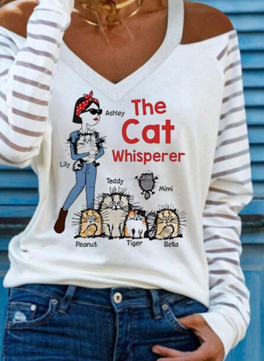 Women's T-shirts Letter Animal Print V Neck Cold Shoulder Long Sleeve Casual Daily T-shirts