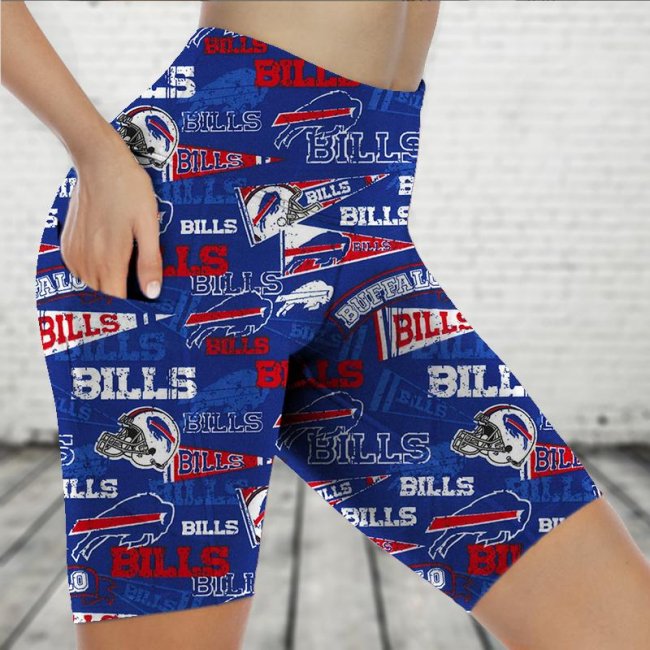 BUFFALO BILLS Sports Stretch Fitness Running Side Pocket Shorts Tight-Fitting High-Waist Yoga Pants