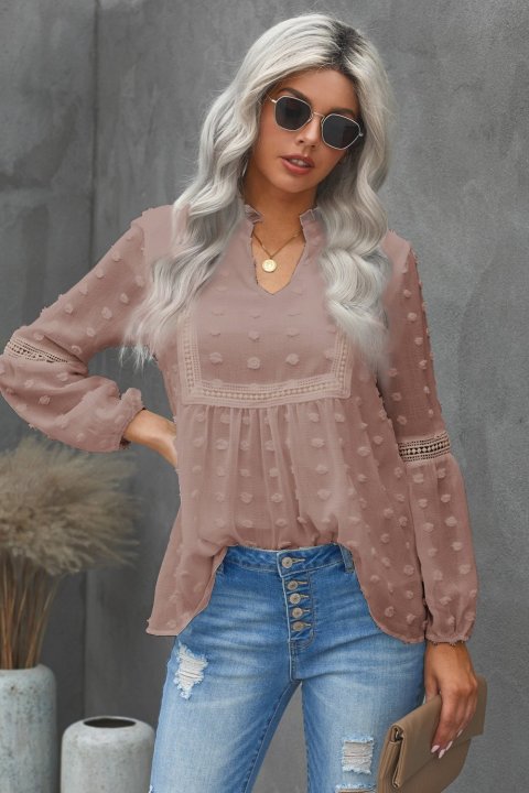 Ruffled Split Neck Lace Hollow Out Puff Sleeve Polka Dot Blouse