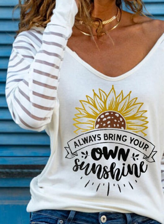 Women's T-shirts Sunflower Letter Print Short Sleeve V Neck Daily T-shirt