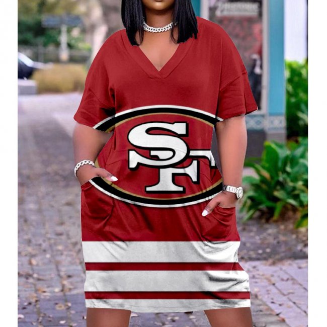 Women's San Francisco 49ers Team Fan Print Pocket Short-sleeved V-Neck Casual Knitted Cotton Dress