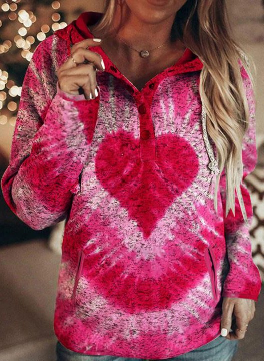 Women's Hoodies Color Block Heart Print Tie Dye Drawstring Pocket Long Sleeve Casual Hoodies