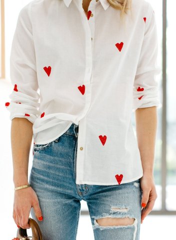Women's Shirts Heart-shaped Long Sleeve Turn Down Collar Daily Button Shirt
