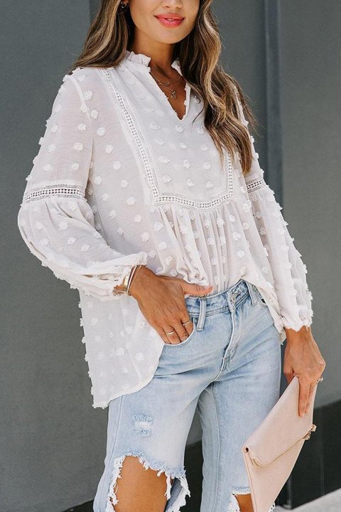 Ruffled Split Neck Lace Hollow Out Puff Sleeve Polka Dot Blouse