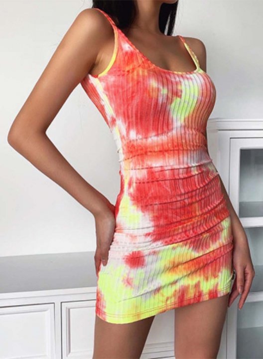 Women's Mini Dresses Bodycon Color Block Tiedye Sleeveless Spaghetti Daily Mini Dress