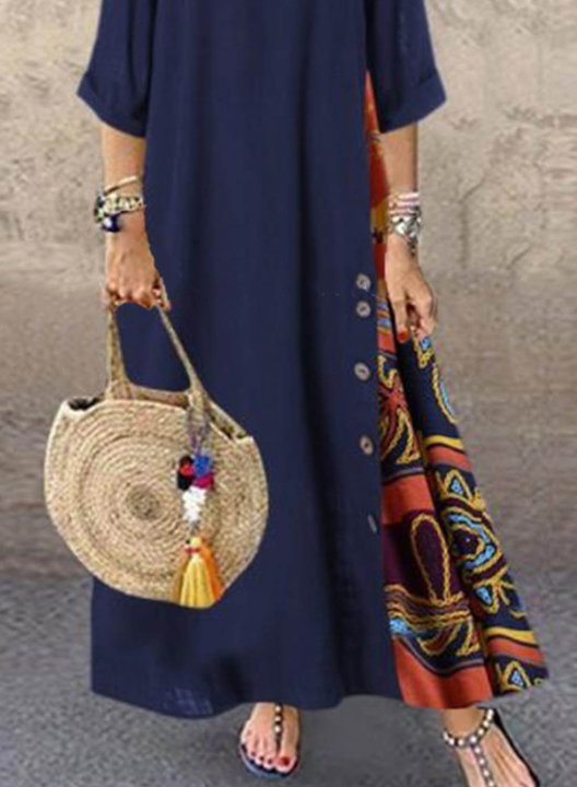 Women's Maxi Dresses Floral Multicolor 3/4 Sleeve Round Neck Boho Vintage Maxi Dress