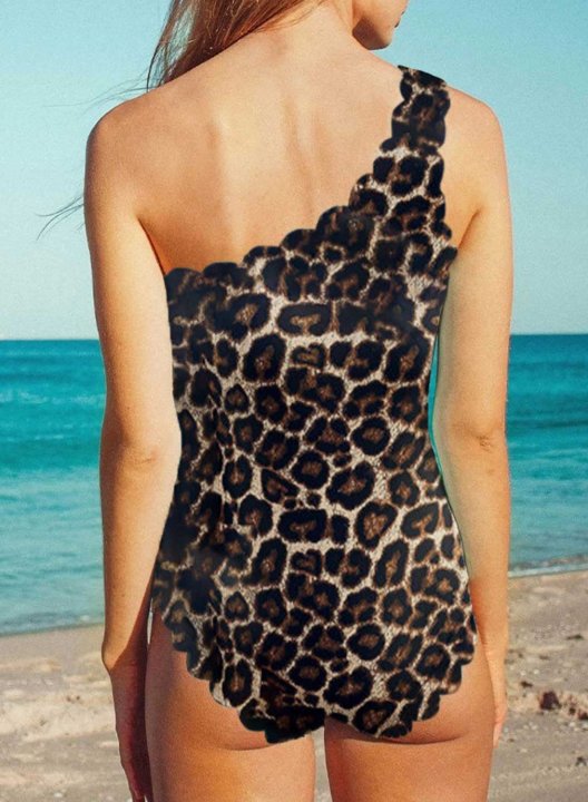 Women's One-Piece Swimsuits One-Piece Bathing Suits Leopard One Shoulder Casual Swimsuits