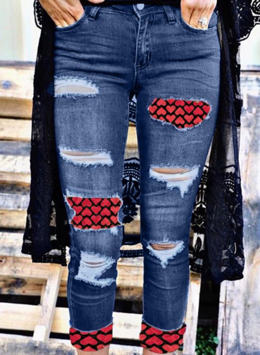 Women's Jeans Slim Mid Waist Daily Ankle-length Casual Heart-shaped Patchwork Jeans