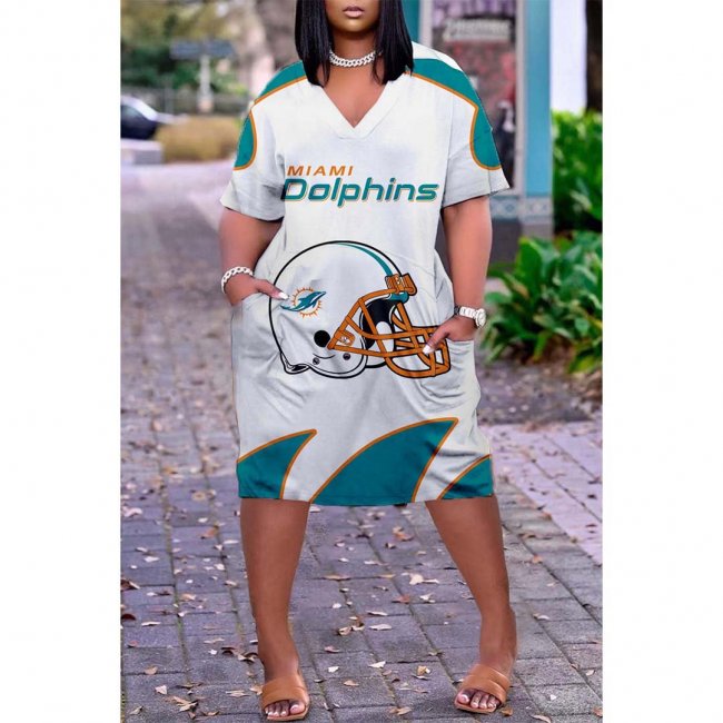 Miami Dolphins Print Fashion Casual V Neck Short Sleeve Dress