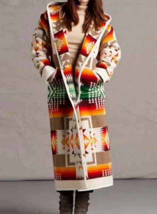 Women's Coats Color Block Tribal Long Sleeve Hooded Casual Buttons Maxi Coat