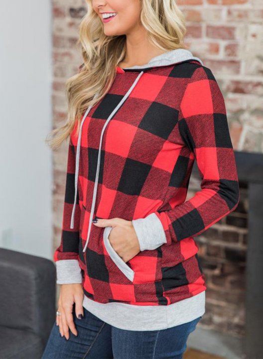 Red Plaid Pocket Long Sleeve Hoodie