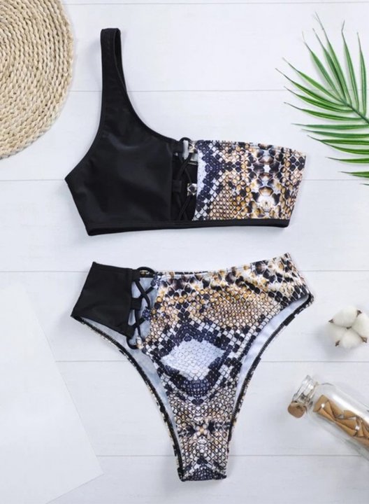 Women's Bikinis Animal Print Color Block Low Rise Short Sleeve One shoulder Unadjustable Wire-free Criss Cross Bikini Sets