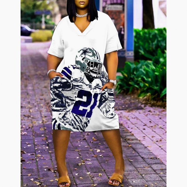 Dallas Cowboys Print Fashion Casual V Neck Short Sleeve Dress