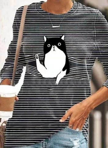 Women's Long Sleeve T-Shirt Cat Striped Long Sleeve Round Neck Casual Sweatshirt