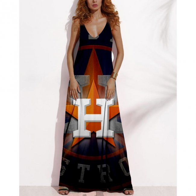 Women's Summer HOUSTON ASTROS Fan Print V-neck Sleeveless Loose Long A-line Dress