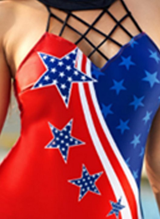 Women's One-Piece Swimsuits One-Piece Bathing Suits American Flag 4th Of July Star Mesh Halter Casual Swimsuits