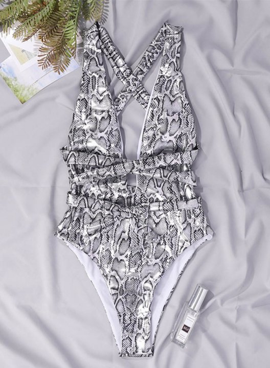 Women's One Piece Swimwear Animal Print V Neck One-Piece Swimsuit