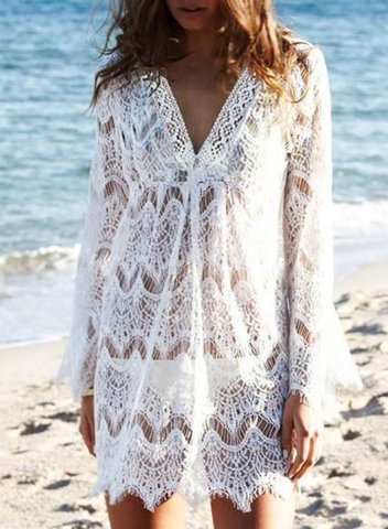 Women's Smocks Lace Solid Long Sleeve A-line V Neck Beach Smock