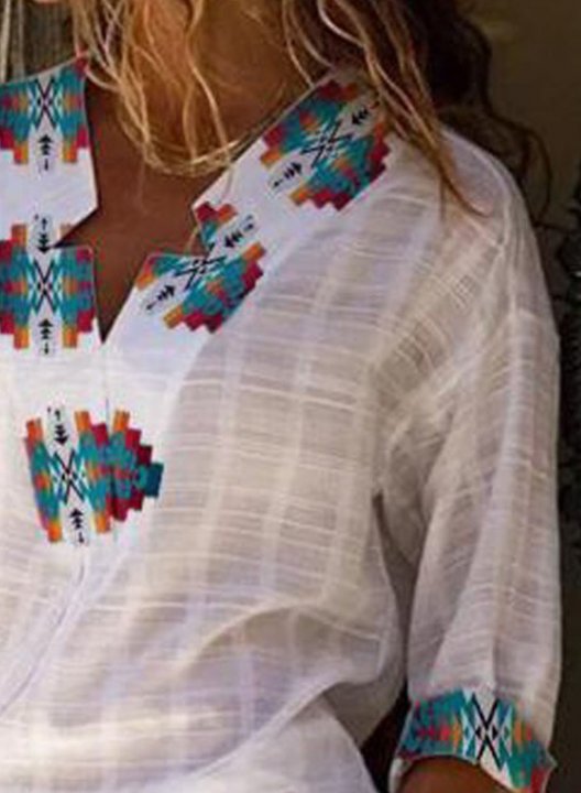 Women's Blouses Color Block Tribal Long Sleeve V Neck Daily Split Blouse