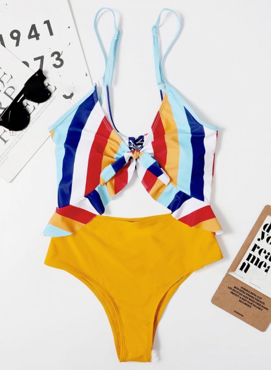 Women's One Piece Swimwear Ruffled Color Block Spaghetti One-Piece Swimsuit