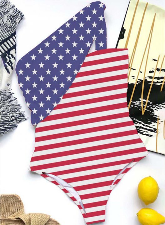 Women's One Piece Swimwear Color Block American Flag 4th Of July One-shoulder One-Piece Swimsuit