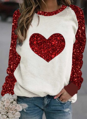 Women's Sequin Red Heart Sweatshirts Crew Neck Long Sleeve Color Block Sweatshirts