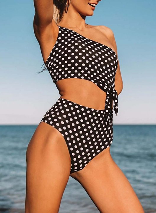 Women's One Piece Swimwear Color Block Polka Dot Cut Out One-shoulder Knot One-Piece Swimsuit